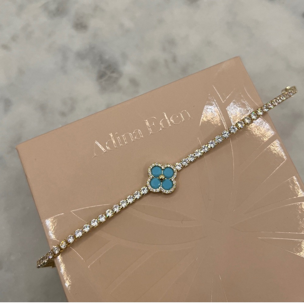 Blue Clover Pave Tennis Bracelet Adina Eden 14K Gold Plate Rhinestone CZ Jewelry
